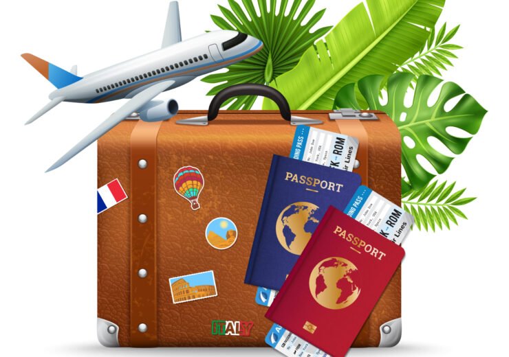 Tropical vacation travel realistic composition with airplane boarding pass retro brown leather suitcase and palm leaves vector illustration